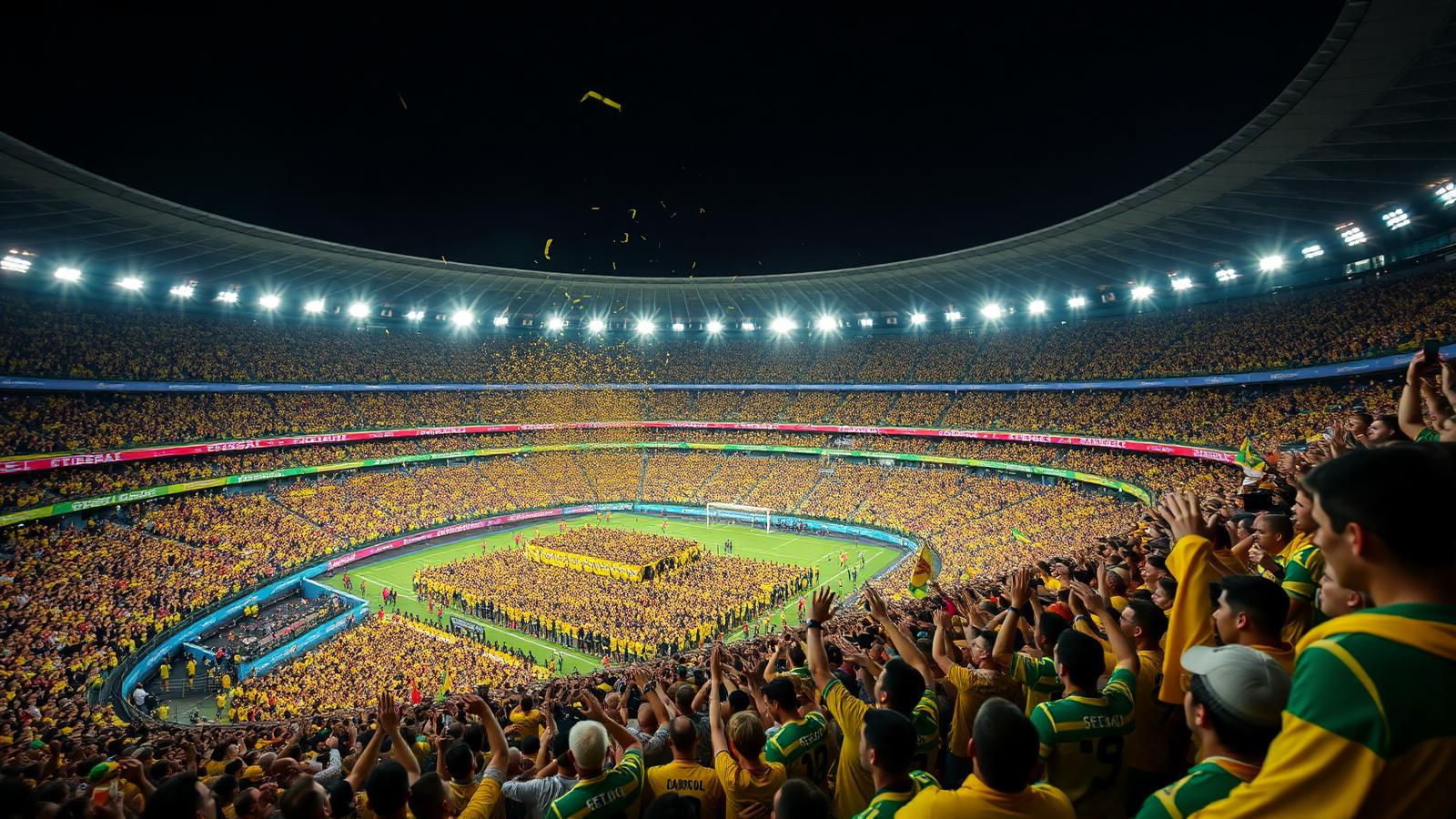 Packed stadium of fans wearing green and yellow during a 2026 World Cup match