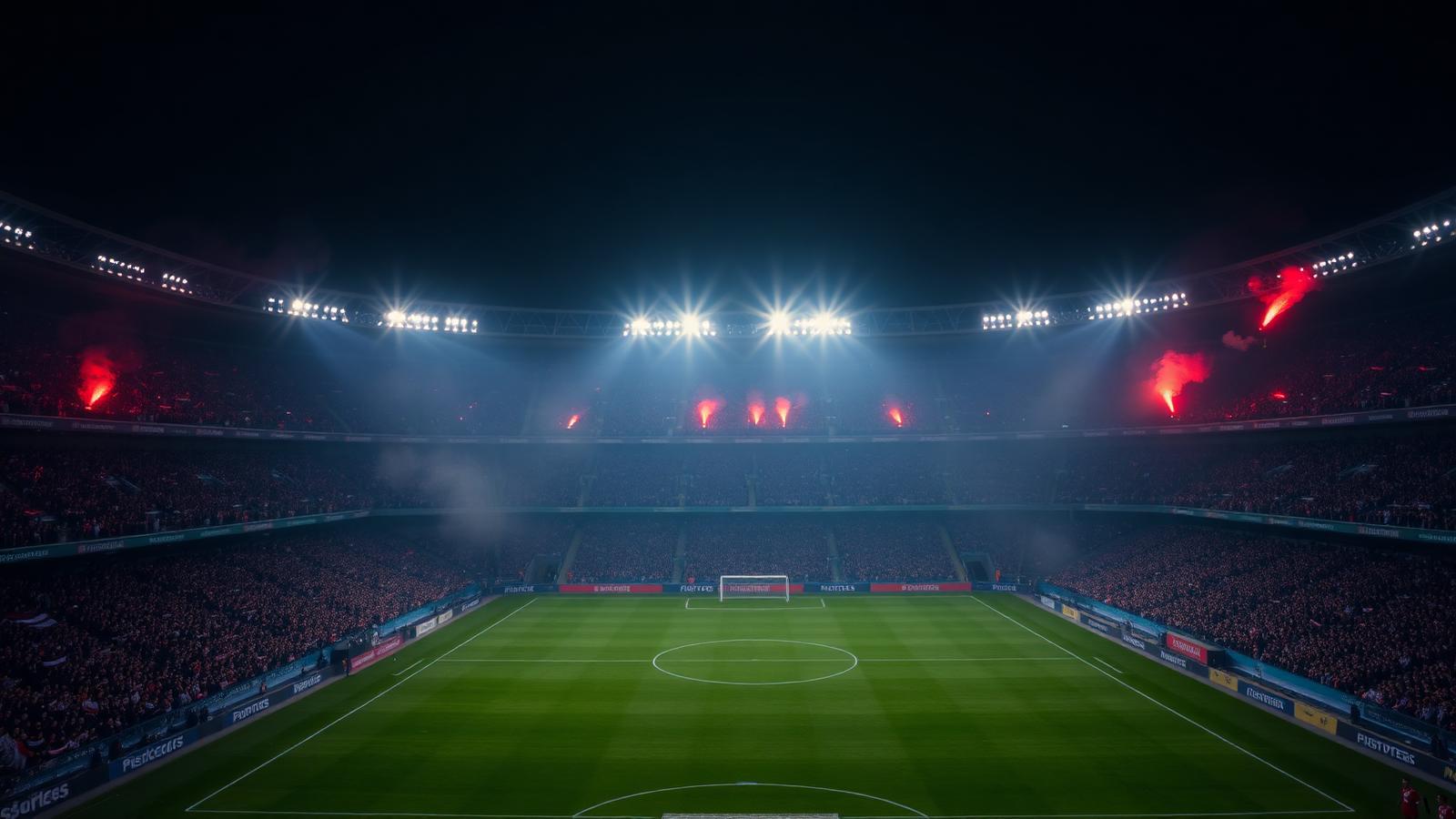 Packed stadium at night during the 2026 World Cup, with floodlights on, smoke and red flares in the stands