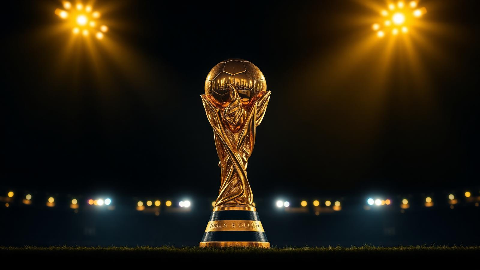 World Cup trophy lit by stadium floodlights