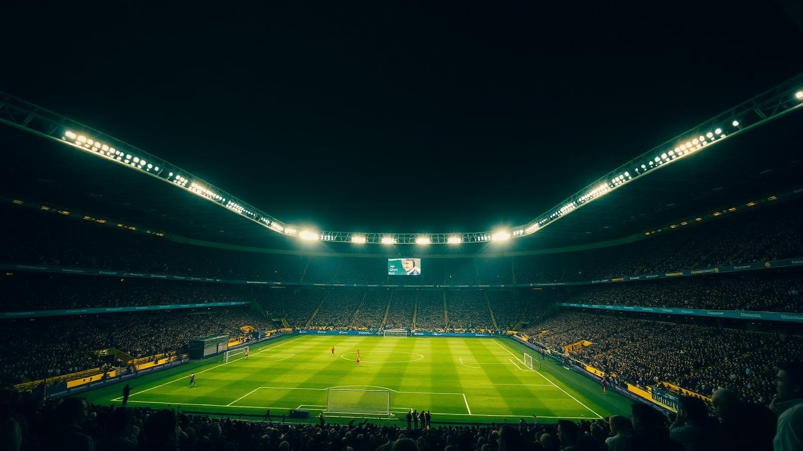 Illustration of a floodlit stadium packed with fans during a night match