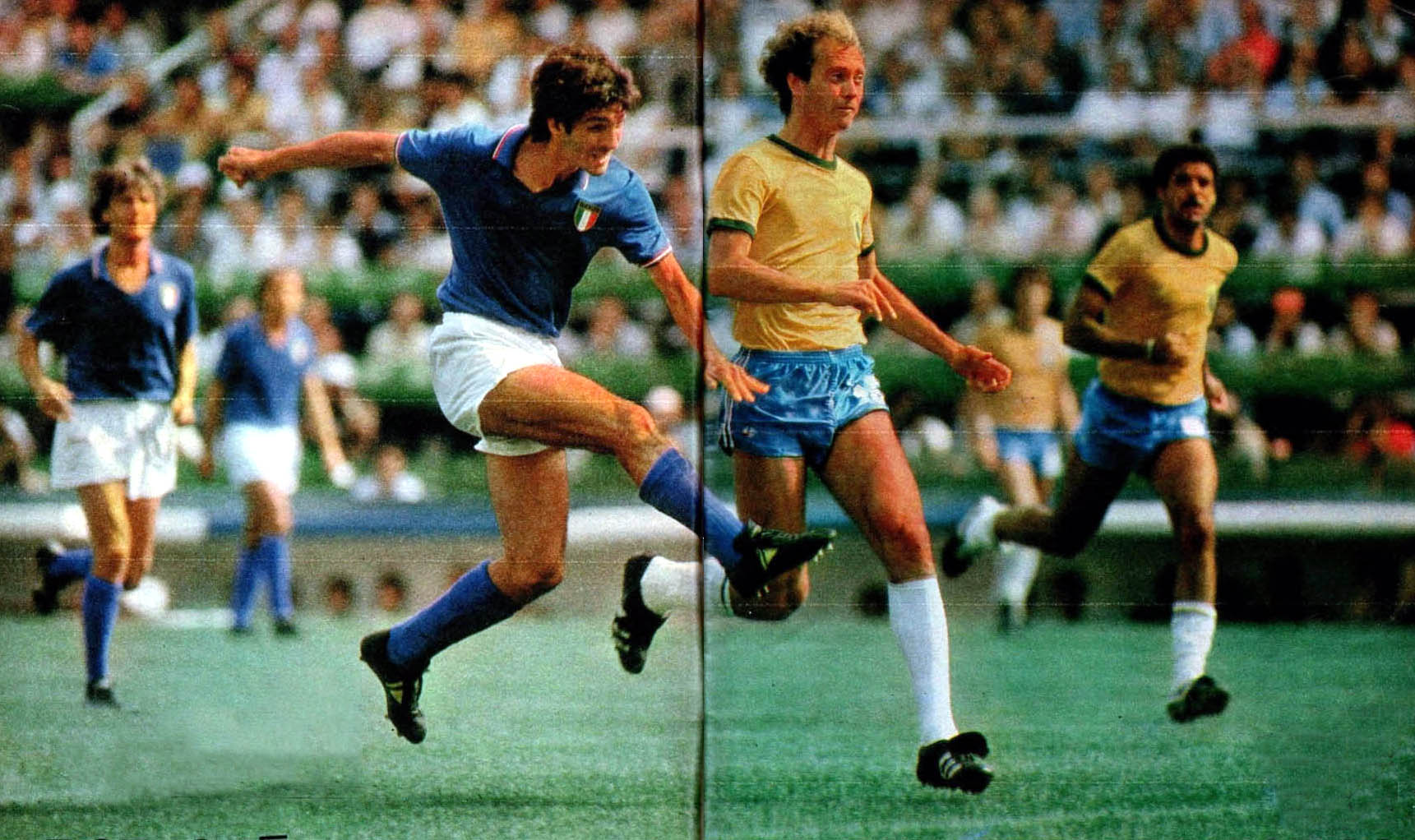 Paolo Rossi shoots against the Brazilian defence in the 1982 World Cup match between Italy and Brazil at Estadi de Sarrià
