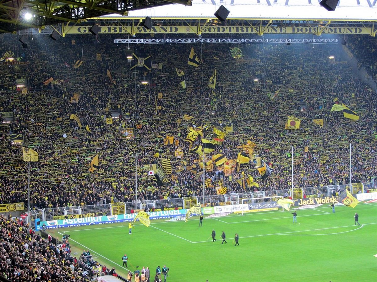 The Südtribüne of Signal Iduna Park, Borussia Dortmund's home end, packed with supporters before a Bundesliga match against Hannover 96, February 2012